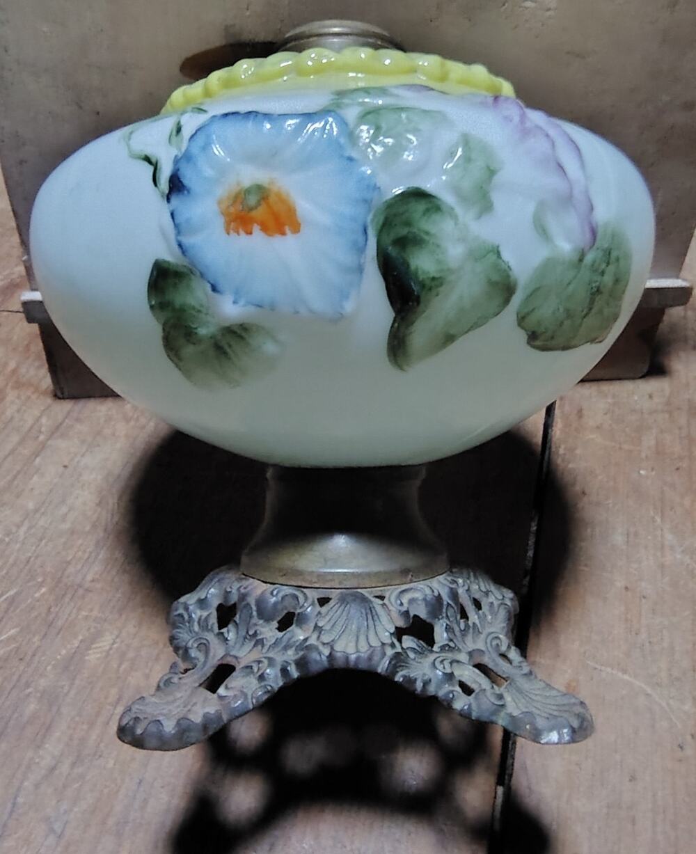 Antigue Oil Lamp Base Only Gorgeous Hand Painted Embossed Florals